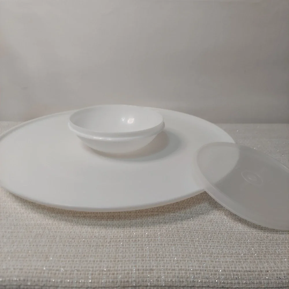 Vintage Tupperware Dip-N-Serve 1954‎ White Serving Tray Platter with Bowl, Lid